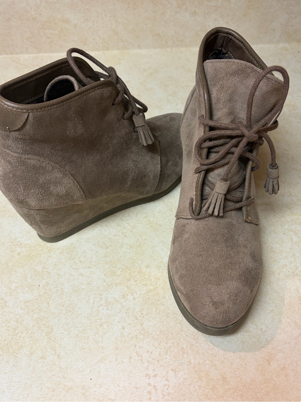 Madden Girl Taupe Suede Wedge Ankle Booties with Tassel Laces